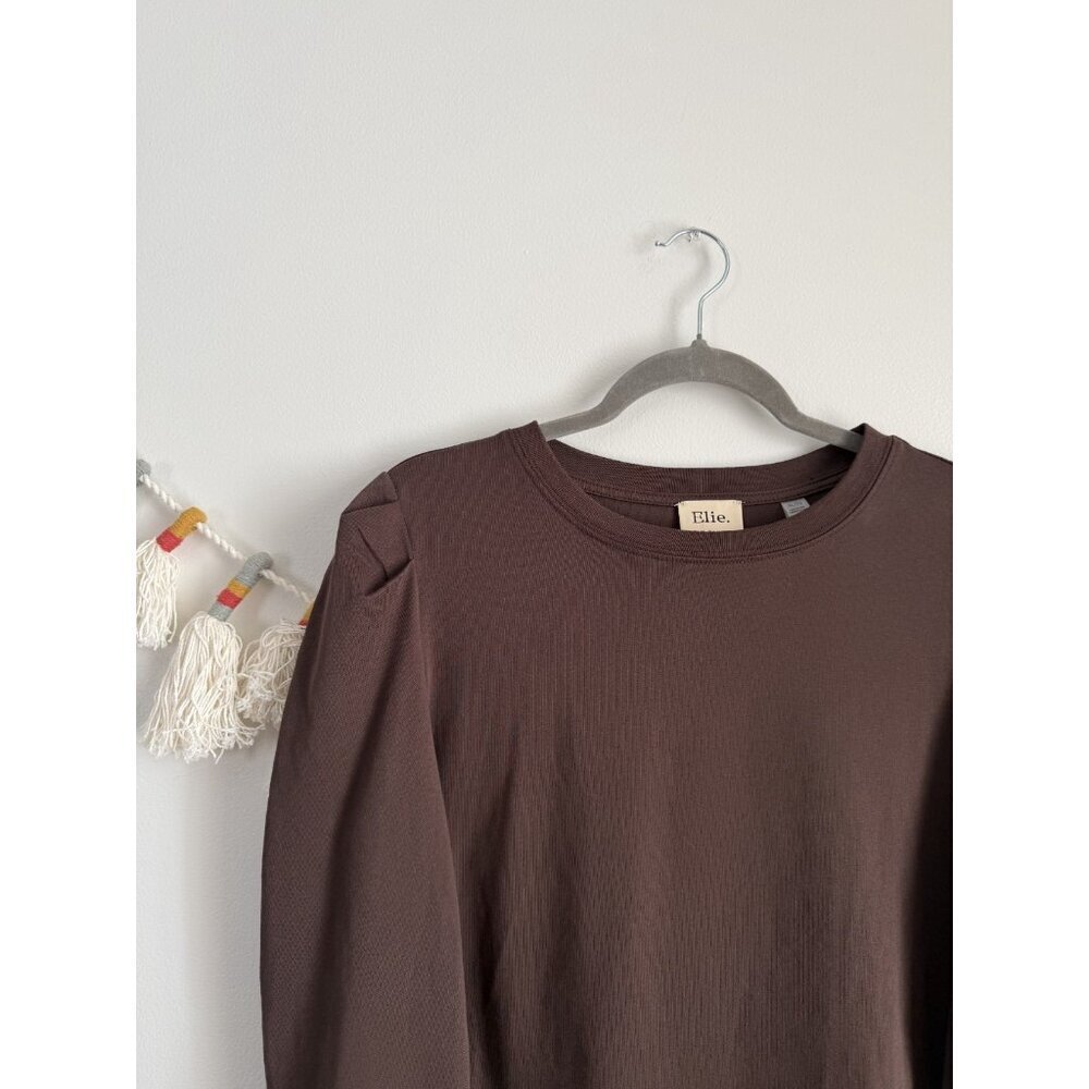 Elie Tahari 100% Cotton Brown Puff Sleeve Boxy Top Basics Minimalist Neutral XL - Picture 3 of 9
